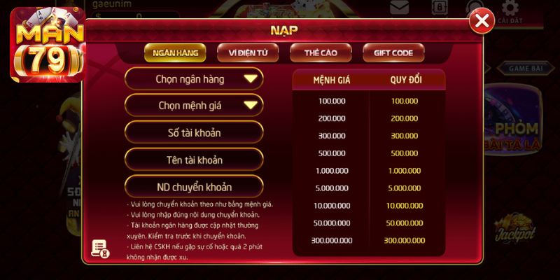 Thực hiện chuyển tiền Man79 Club thông qua tài khoản ngân hàng